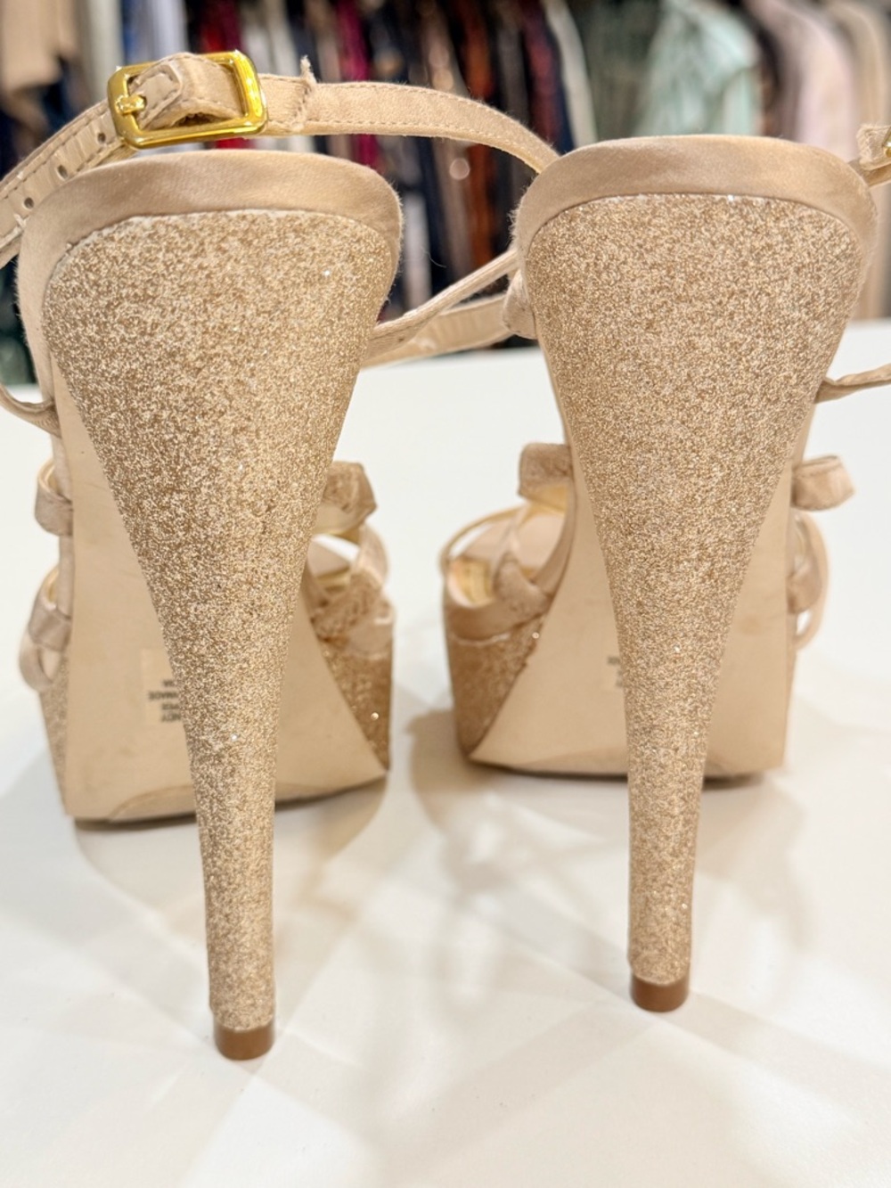 Nine West Nude Gold Glitter Platform Heels Strappy Stiletto Sandals Size 8 - Picture 9 of 17